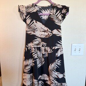 Tropical Print Flutter Sleeves Dress - Black M, NWT